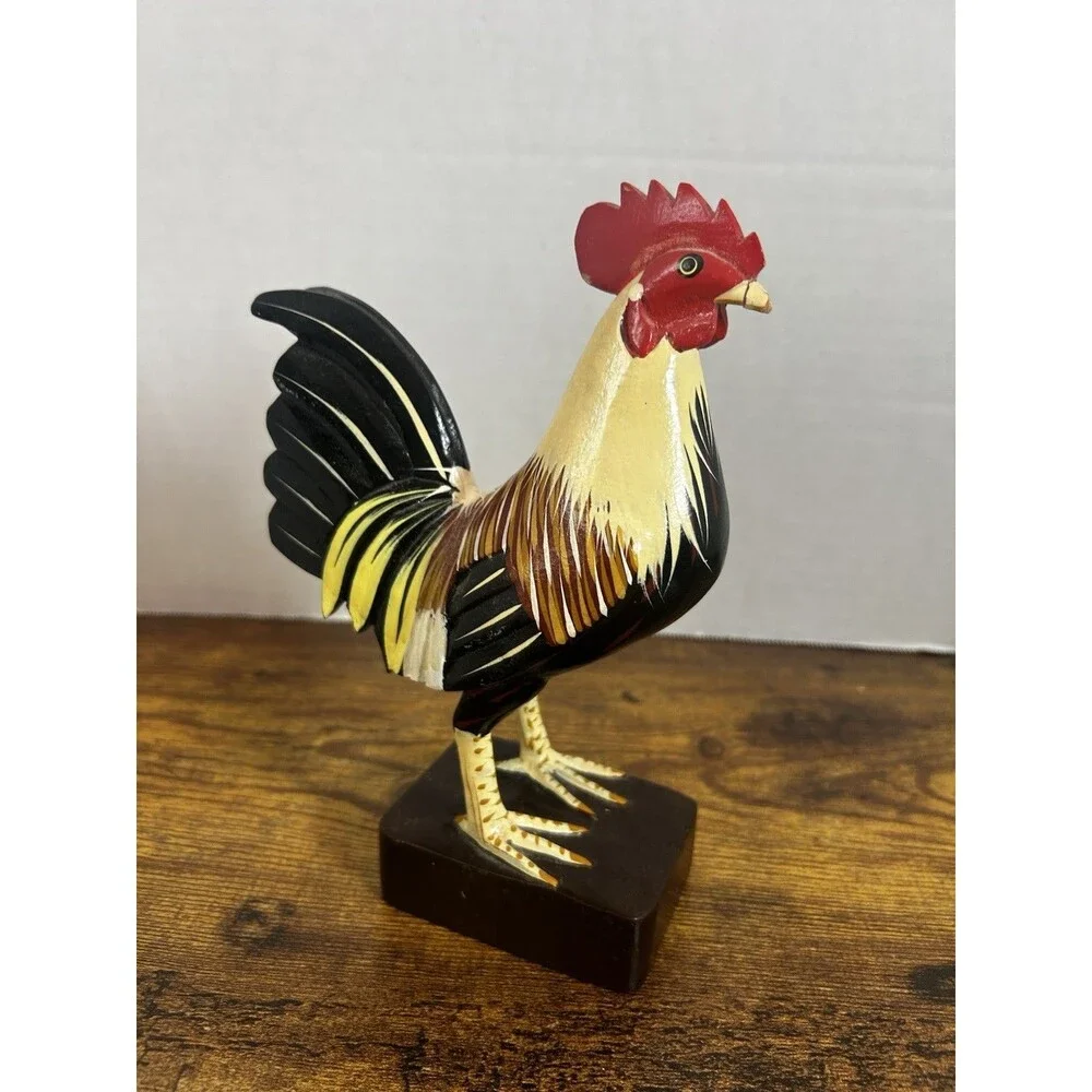 Vintage Hand Carved Wooden Rooster Statue Folk Art Farmhouse Home Decor Display
